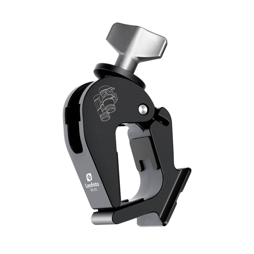 Leofoto BC-02 binocular clamp shown at an angle, displaying the black clamp body with camera icon, silver mounting foot, and adjustment knob against white background.
