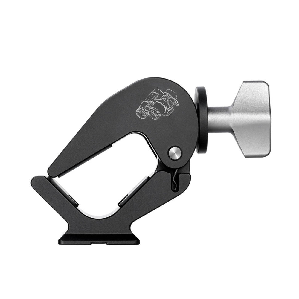 Side view of black binocular clamp with silver Arca Swiss mounting foot and adjustment knob visible.