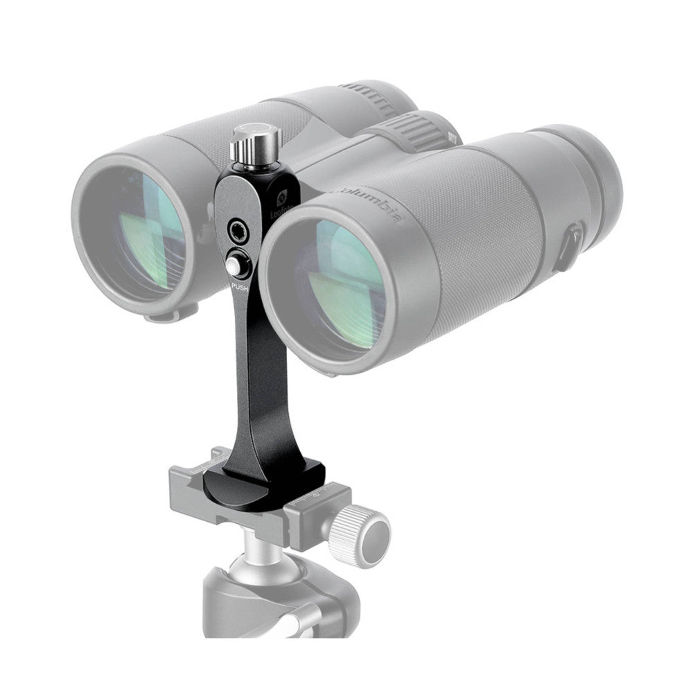 Leofoto BC-03 binocular adapter mounted on tripod head, shown from front angle with control knob and adjustment buttons visible.
