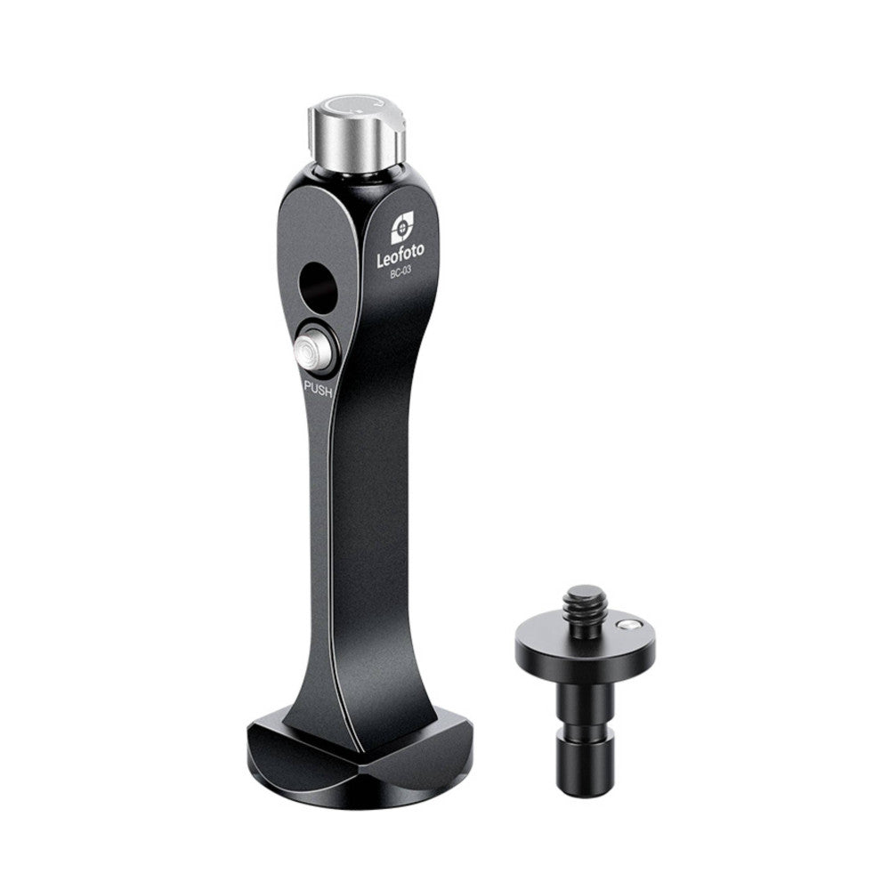 Leofoto BC-03 binocular adapter shown from front angle with separate Arca Swiss mounting foot displayed beside it.