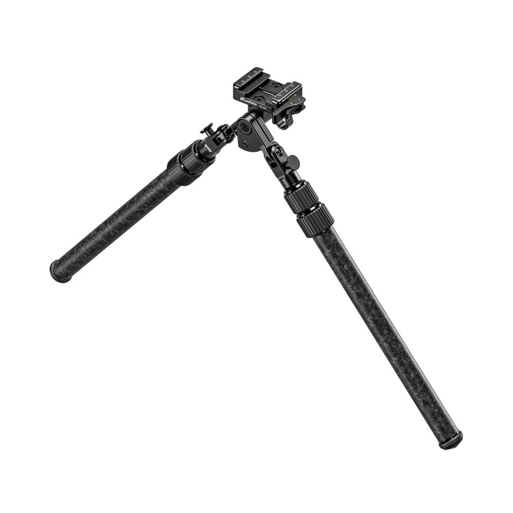 Black carbon fiber bipod with adjustable legs displayed at an angle against white background, showing leg extensions and mounting head detail.