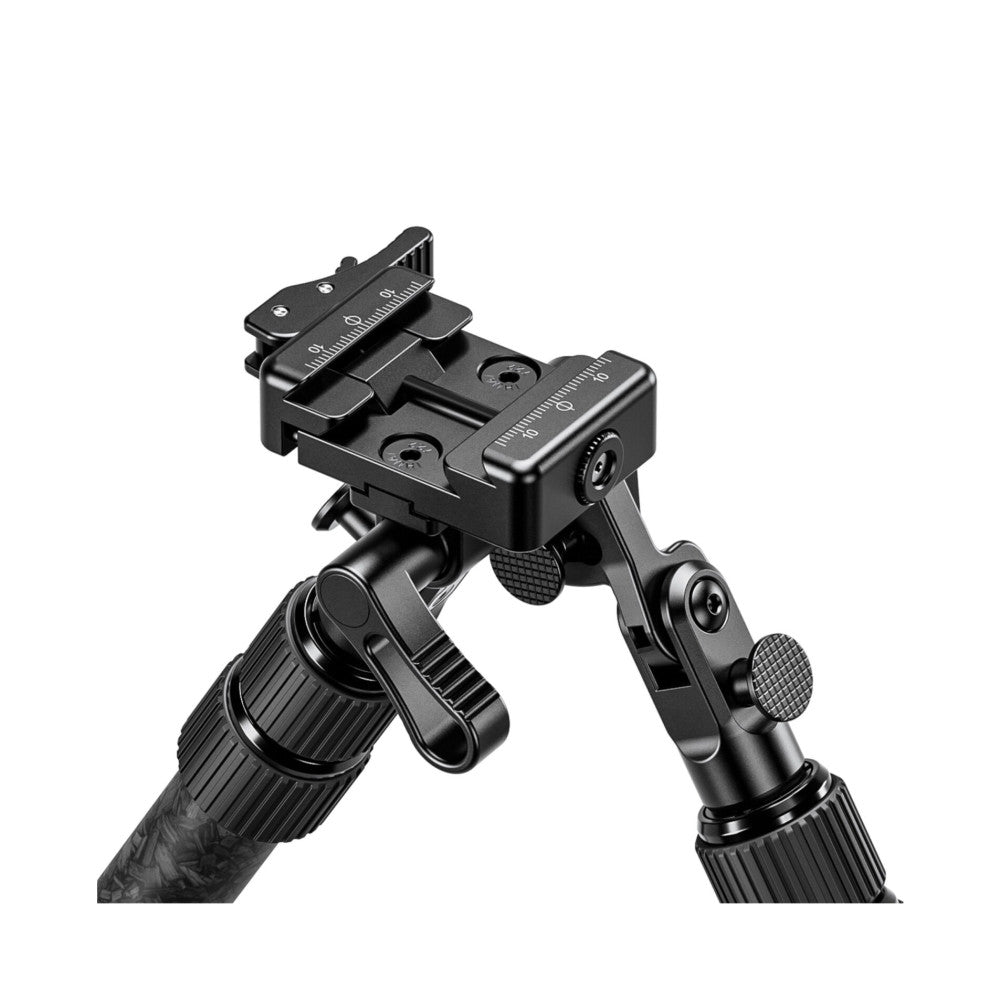 Black tactical bipod shown at three-quarter angle, displaying adjustable legs with textured grips, mounting head with adjustment scales, and quick-release plate against white background.