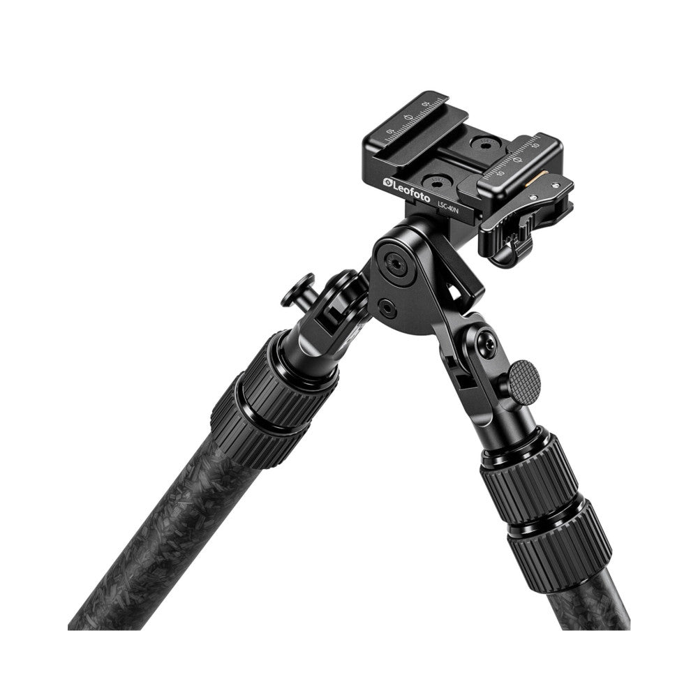 Black Leofoto bipod shown at an angle against white background, displaying the adjustable legs with textured grip sections and top-mounted rail clamp.