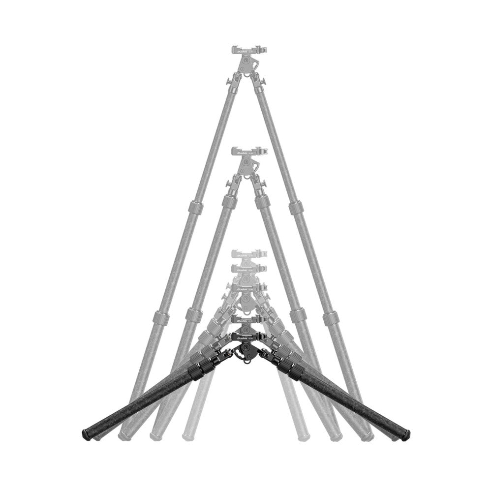 Leofoto BIP-B1 bipod shown from front view with legs extended at various angles, displaying adjustable positioning and forged pattern finish in black and gray.