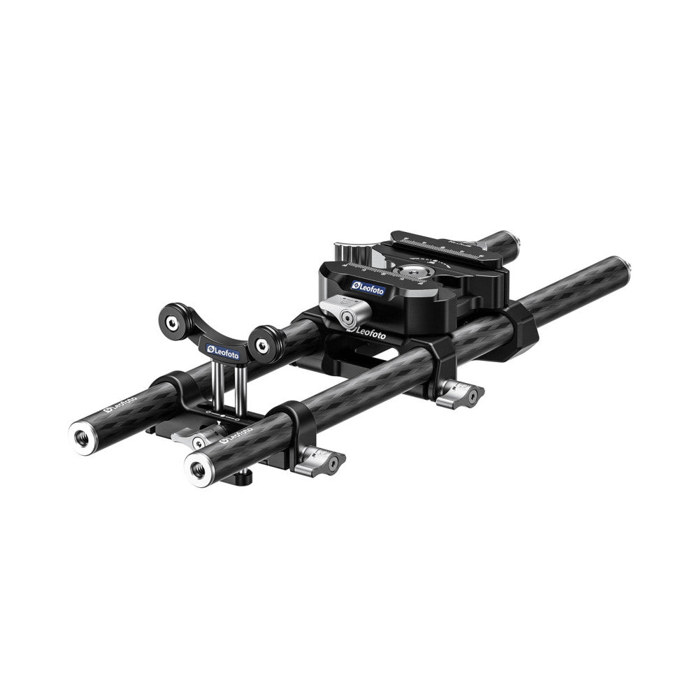 Leofoto BP-01 tripod base plate with carbon fiber rods shown from an angled overhead view against white background.