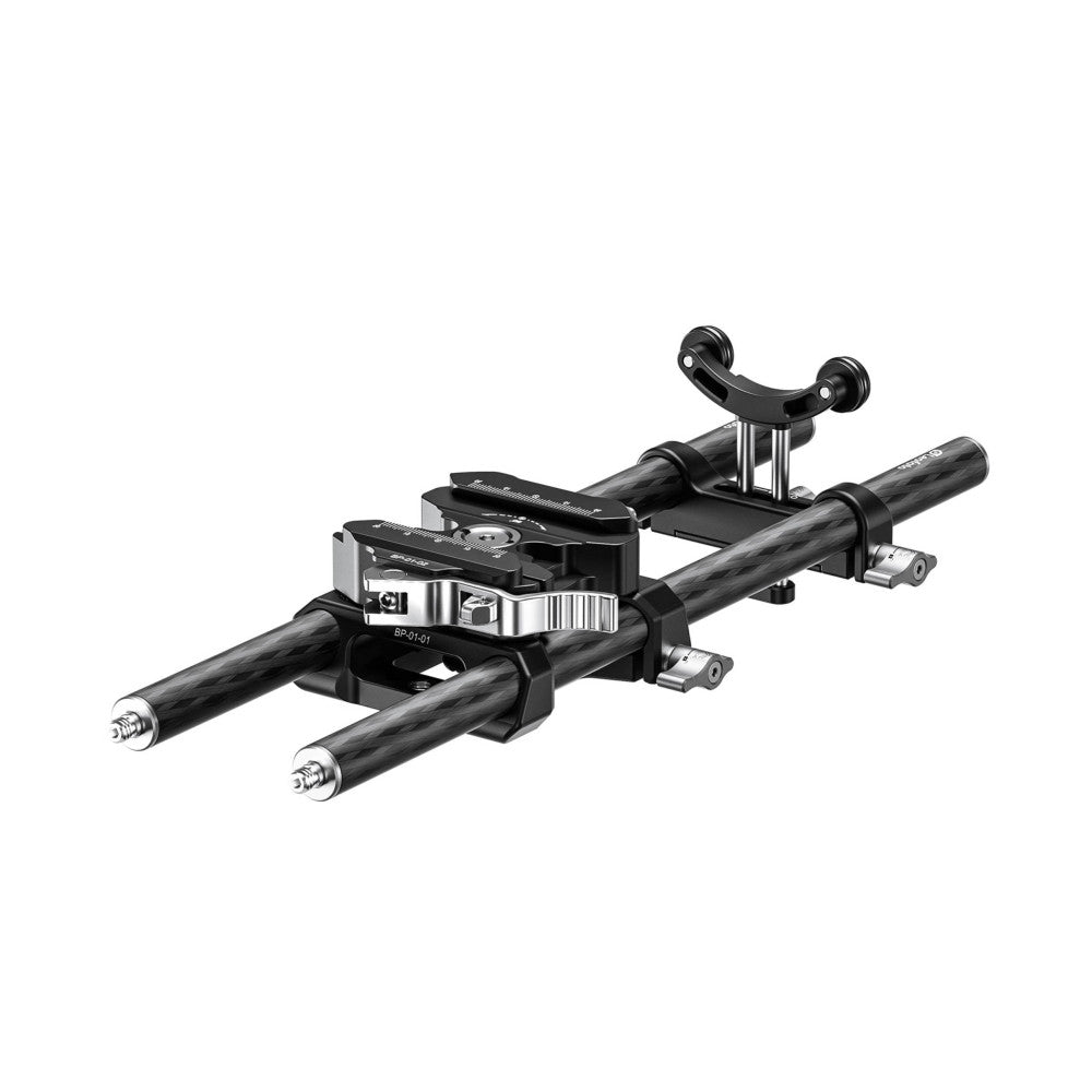 Isometric view of a black and silver camera base plate with dual carbon fiber rods and mounting hardware against a white background.
