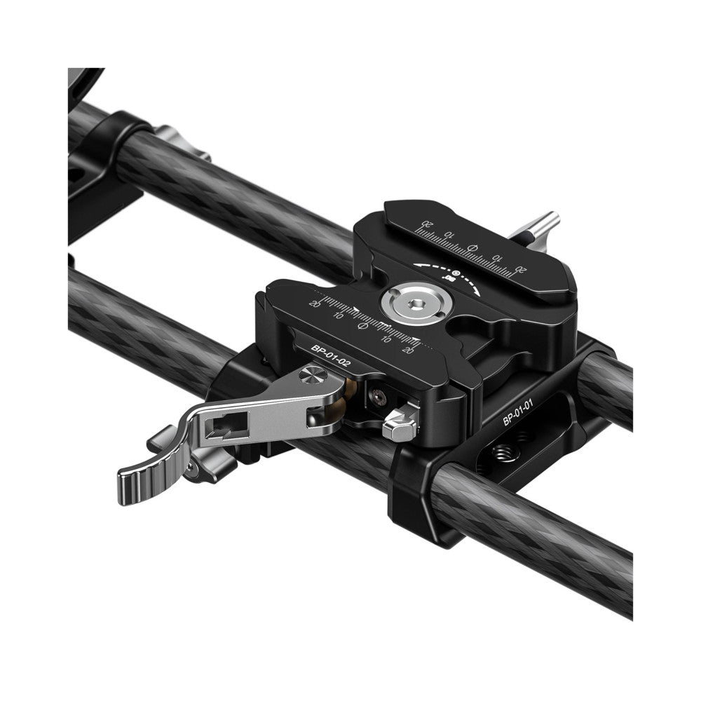 Close-up angled view of black Leofoto BP-01 base plate with adjustment knobs mounted on carbon fiber rods against white background.