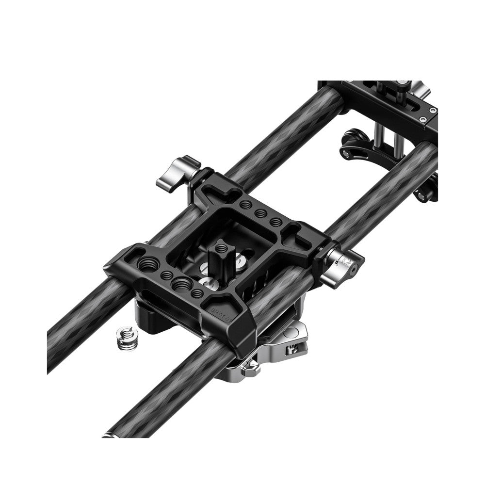 Close-up side view of Leofoto BP-01 base plate mounted on carbon fiber rods, showing mechanical components and adjustment mechanisms.