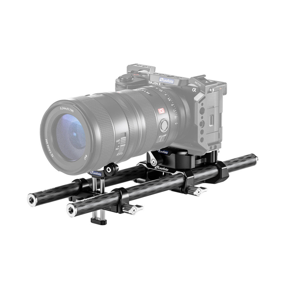 Sony camera mounted on Leofoto BP-01 base plate with dual carbon fiber rods, shown from side angle in studio setup.