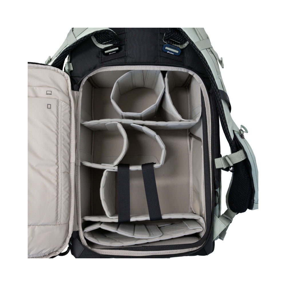 Interior view of open camera backpack showing gray padded dividers and compartments with black straps, revealing storage organization.