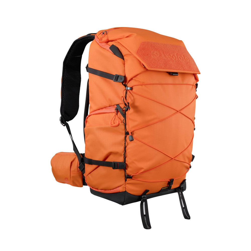 Orange Leofoto BACKUP 35L camera backpack shown from the front angle, displaying straps, compartments, and black hardware details.
