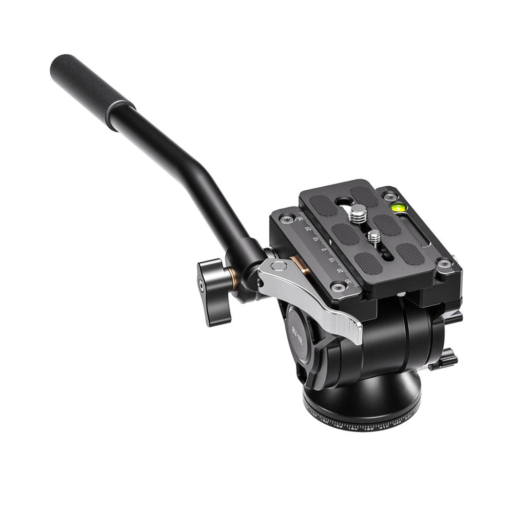 Professional video fluid head with lever release mechanism, shown from side angle against white background, featuring black pan-tilt head and quick-release plate on top.