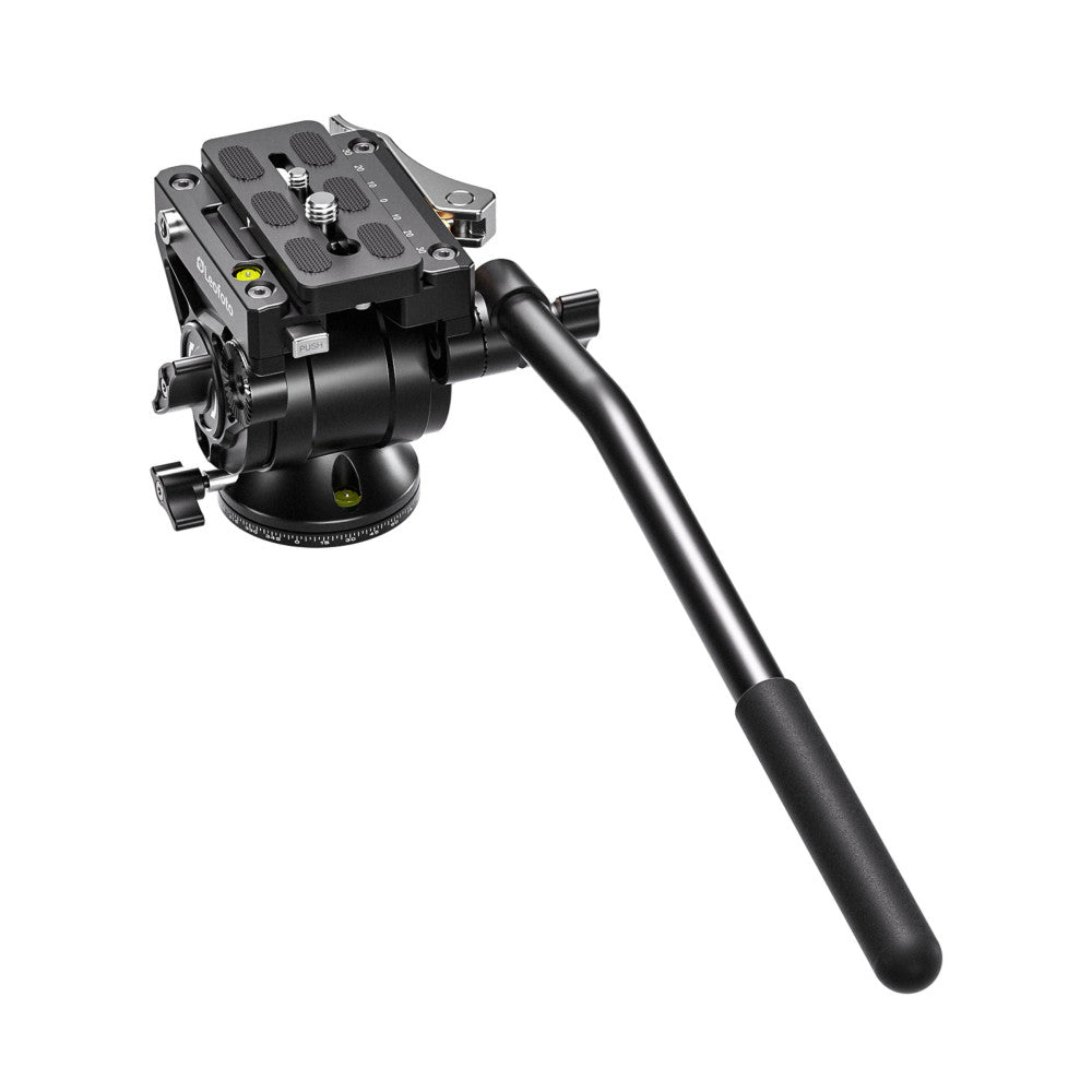 Black video fluid head with control panel mounted on tripod leg, shown at three-quarter angle against white background.