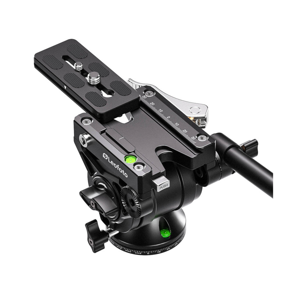 Leofoto fluid video head with quick-release plate shown from angled side view, displaying lever mechanism and bubble level indicators.