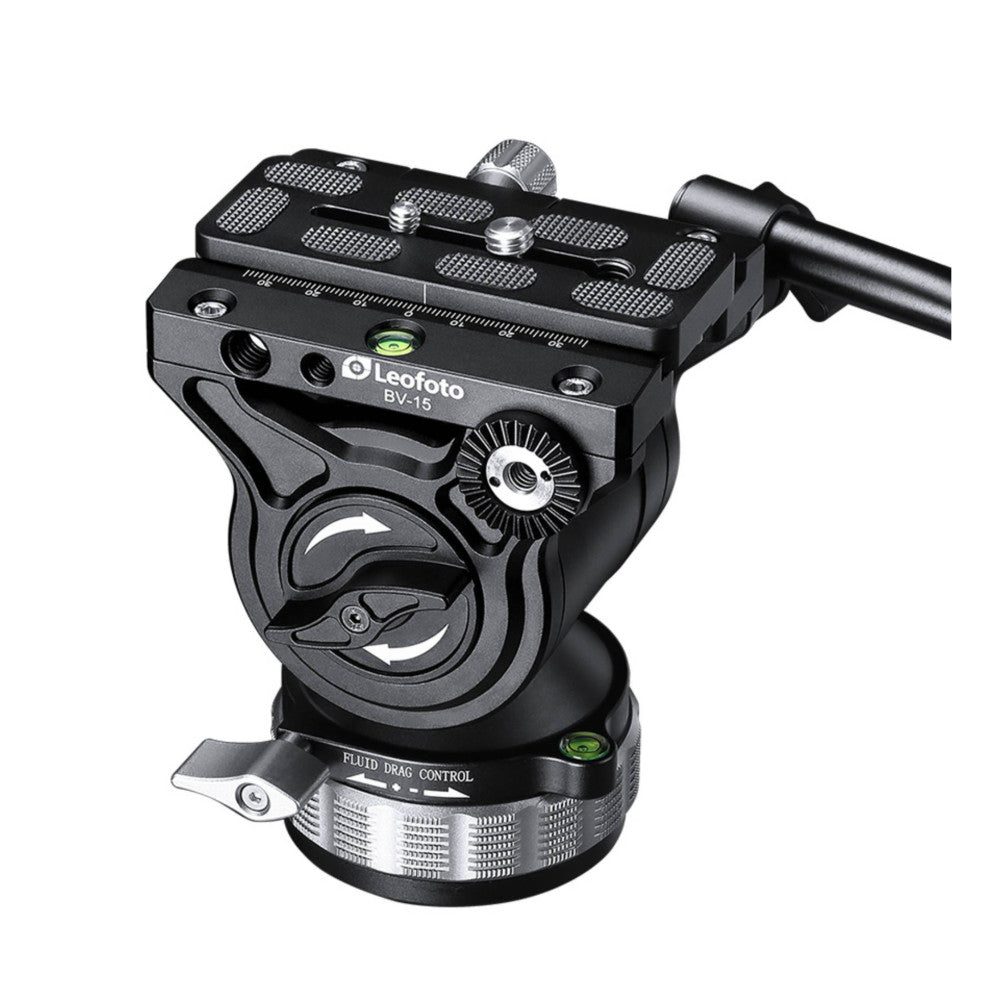 Leofoto BV-15 video head shown from the side angle, displaying the fluid drag control base, pan handle, and quick-release plate on top.