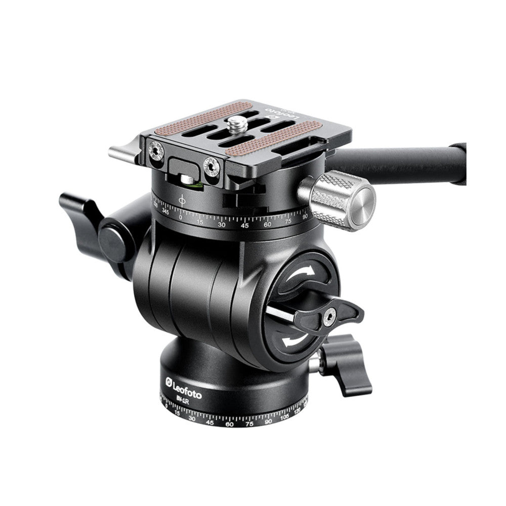 Leofoto BV-20 video fluid head shown at an angle, displaying the pan-tilt mechanism, fluid damping dial, and Arca-compatible quick-release plate on top.