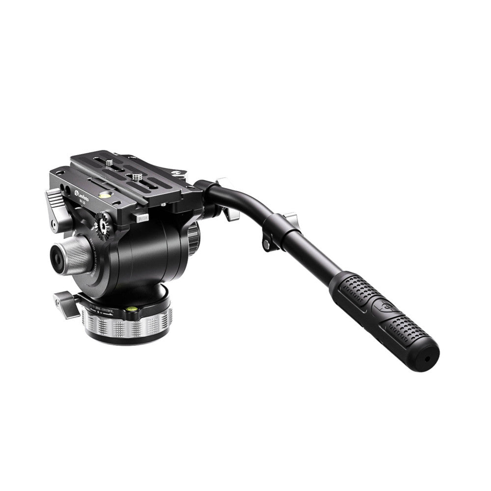 Professional video fluid head with pan handle shown in three-quarter view against white background, displaying pan-tilt mechanism and quick-release plate.