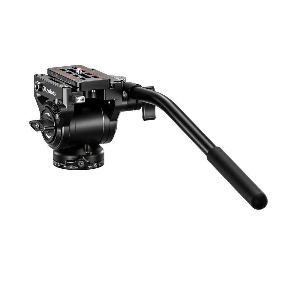 Black fluid video head with pan-tilt handle, mounted on ball base with degree markings, shown from side angle against white background.