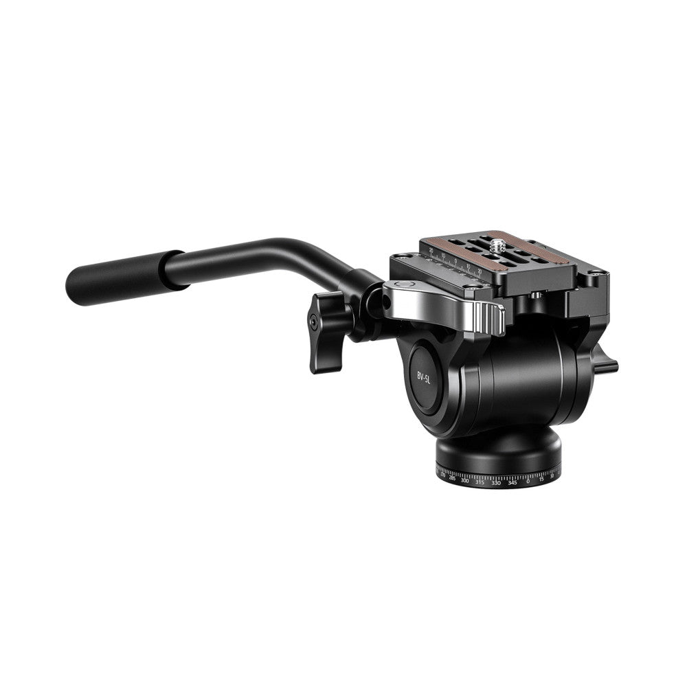 Black fluid video head with pan handle and quick-release plate, shown from side angle against white background.