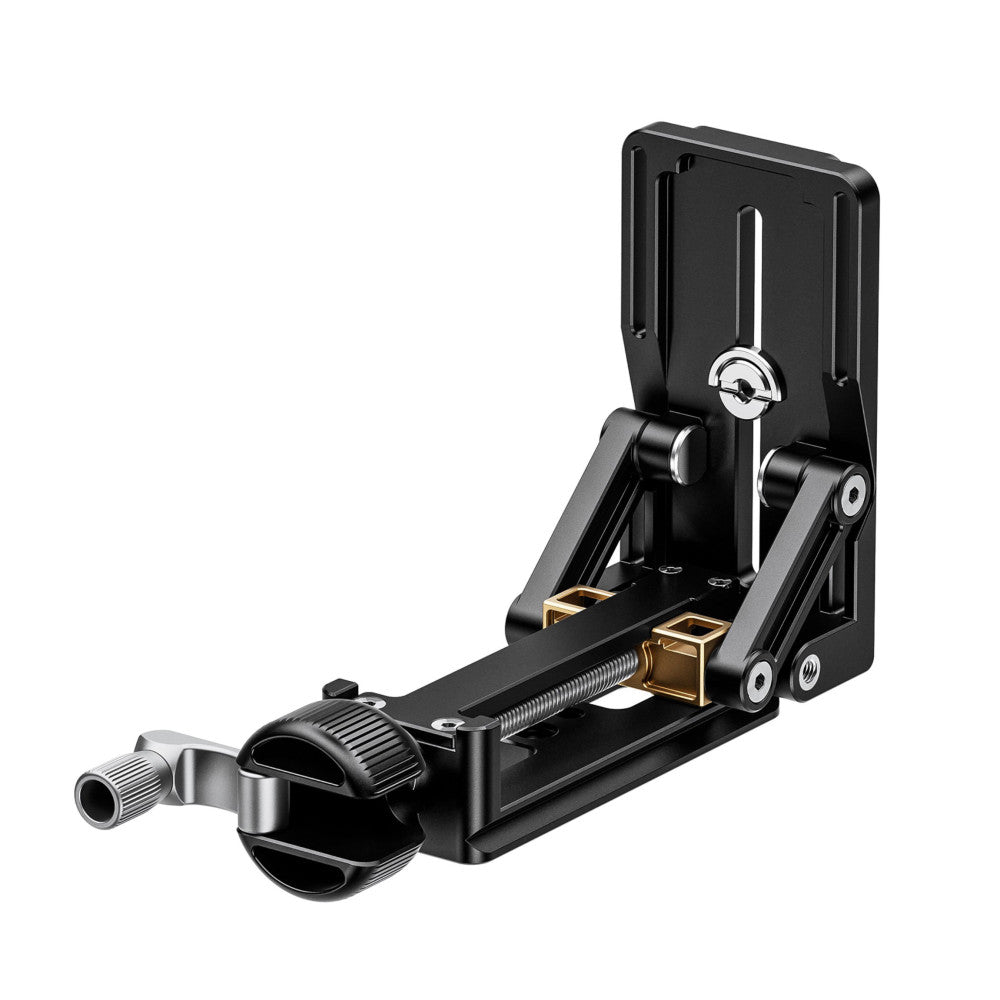 Black precision tilt adapter with hand crank mechanism, shown at three-quarter angle displaying the vertical adjustment column, horizontal base plate, and crank handle on the side.