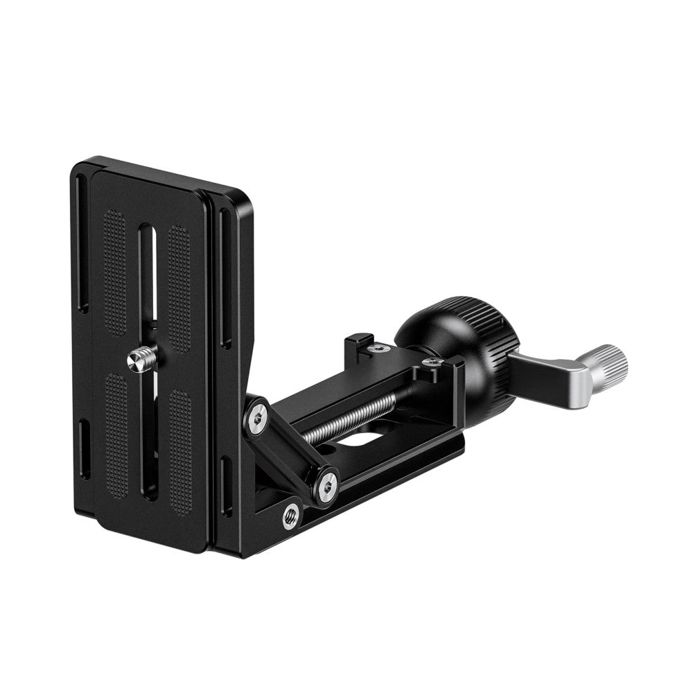 Black precision tilt adapter shown from side angle, displaying clamping plate, adjustment knob, and threaded shaft mechanism against white background.