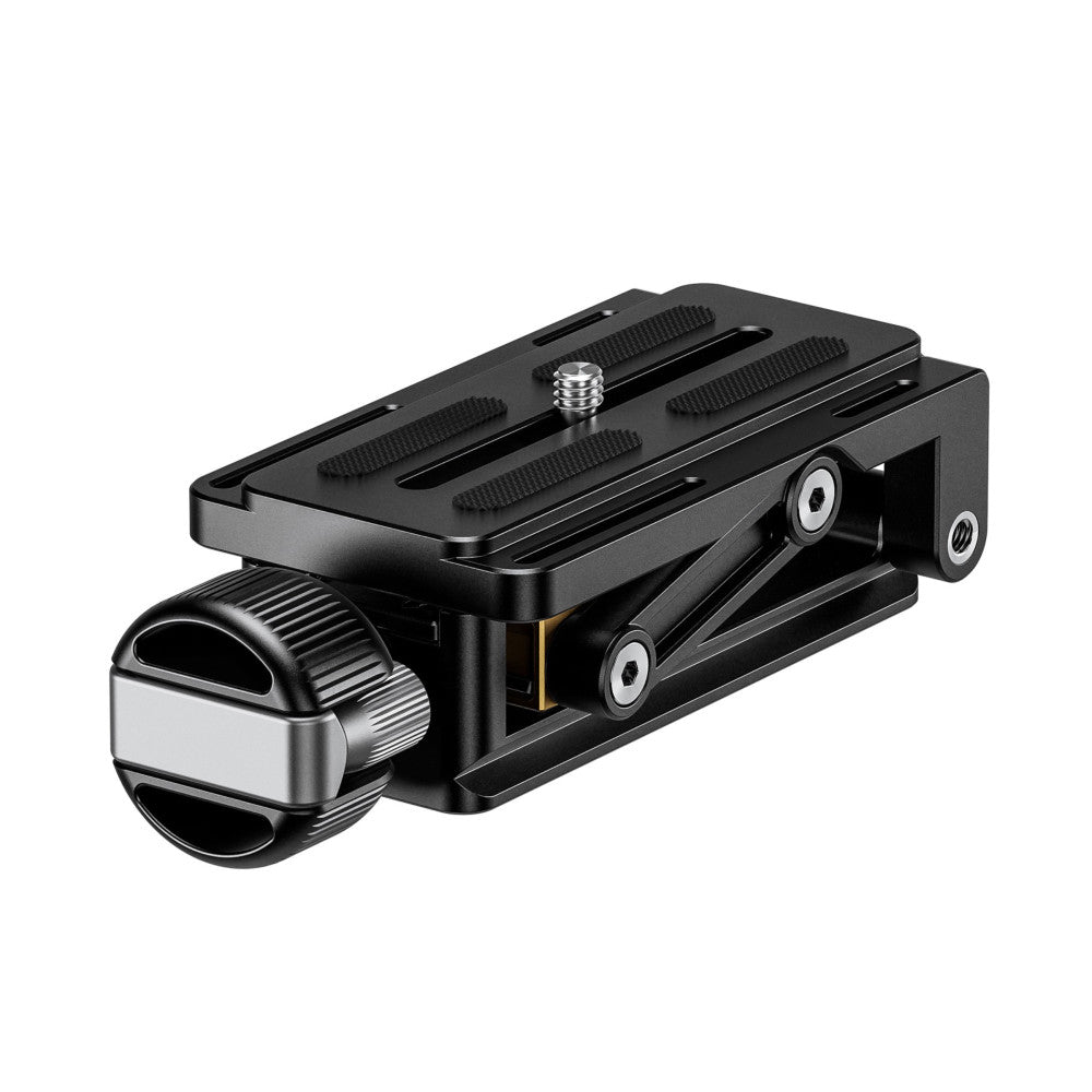 Black precision tilt adapter with hand-crank mechanism, shown in three-quarter view displaying the quick-release plate, adjustment knob, and metal housing.