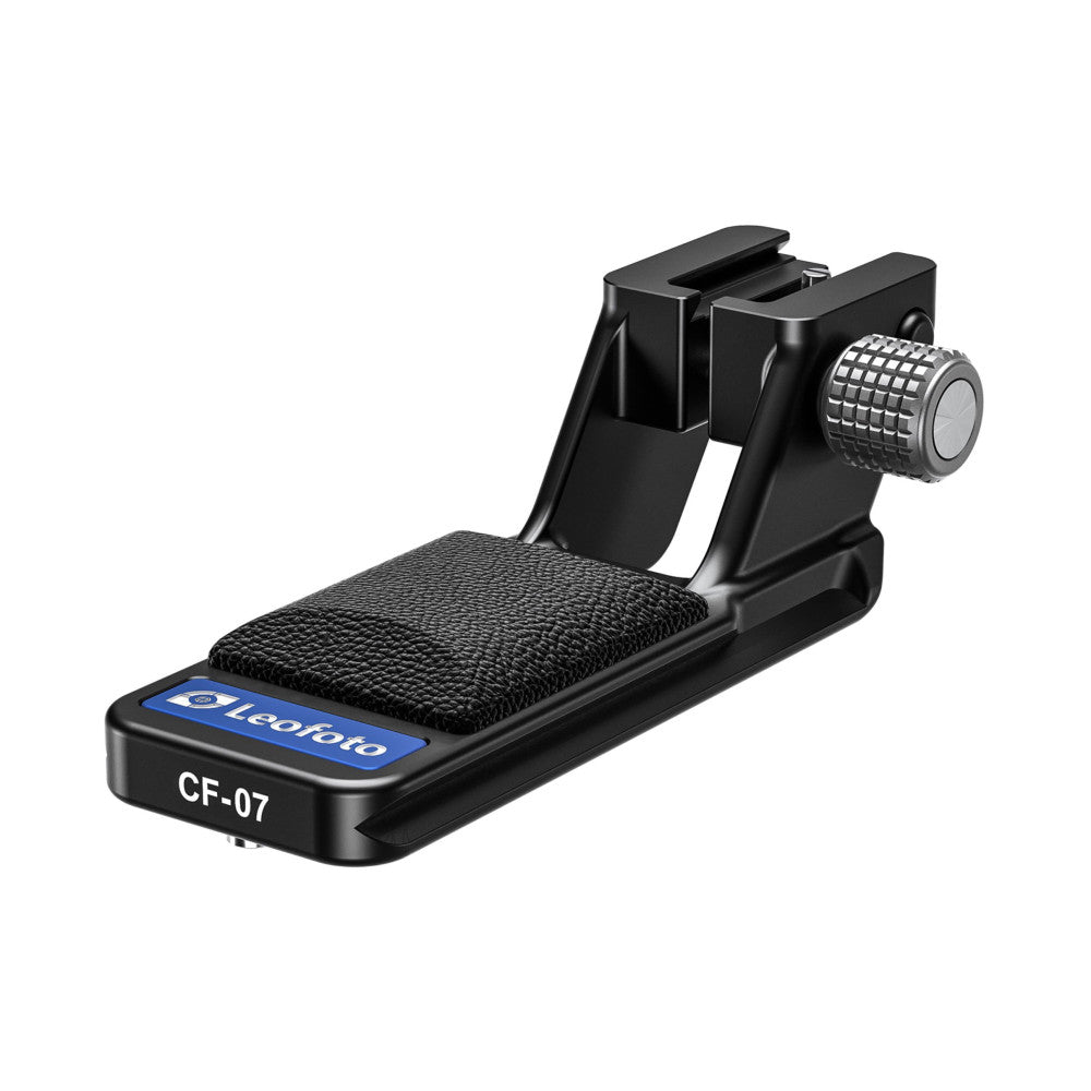 Black Leofoto CF-07 lens foot with textured footpad and adjustment knob, shown from side angle against white background.