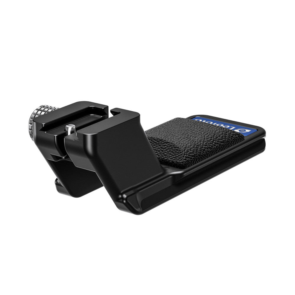 Black Leofoto camera lens foot with Arca-Swiss plate, shown from angled side view displaying the mounting clamp and textured grip surface.
