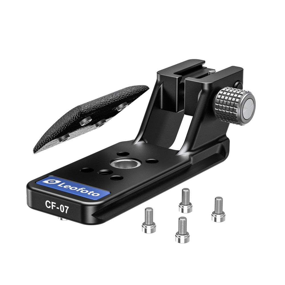 Black Leofoto CF-07 lens foot with adjustment knob, detached textured plate, and four mounting screws displayed on white background.
