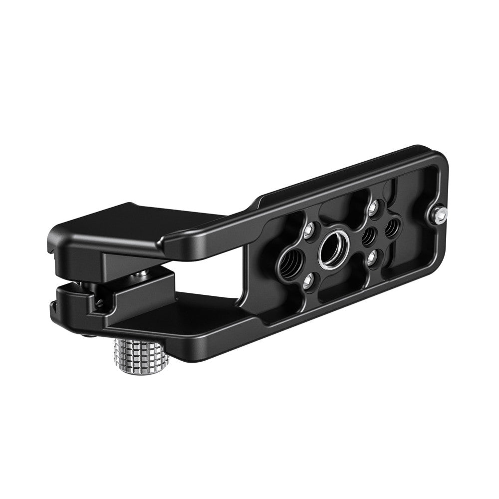 Black Arca lens foot mount shown from a side angle, displaying multiple tripod socket holes and adjustment mechanisms against a white background.