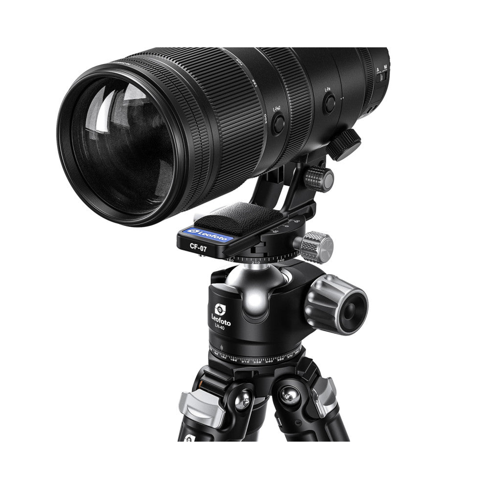 Telephoto lens mounted on Leofoto ballhead with CF-07 lens foot attachment, shown in three-quarter view against white background.