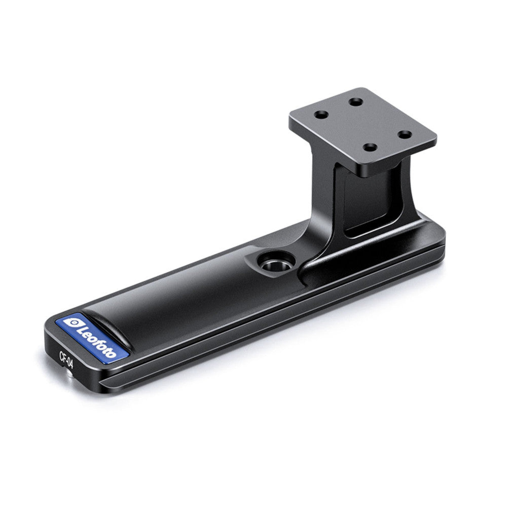 Black Arca-type lens foot with mounting plate shown at an angle, displaying the quick-release base and attachment mechanism.