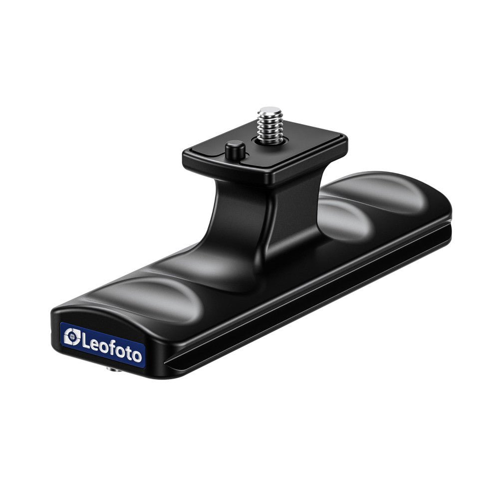 Black Leofoto lens foot mount shown from the side angle, featuring an Arca-style quick release plate with mounting screw and curved grip surfaces.