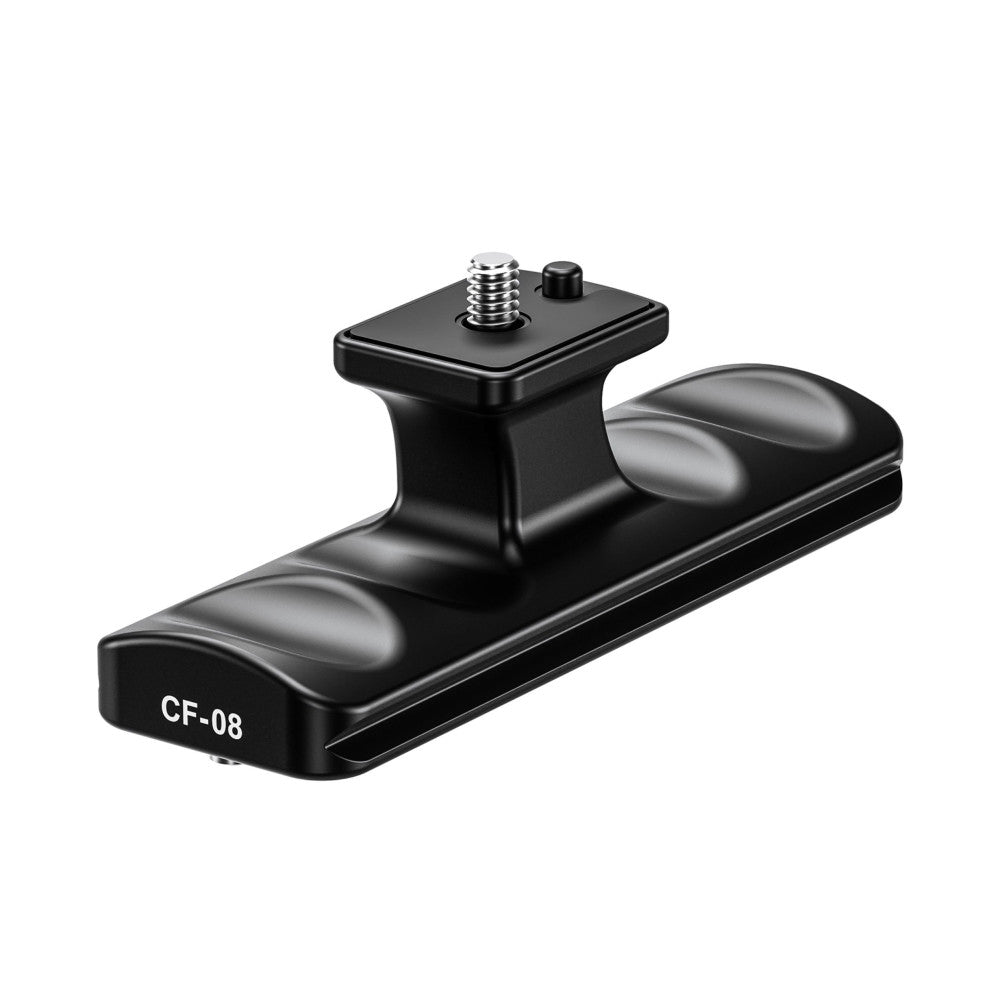 Black Leofoto CF-08 Arca lens foot shown from side angle, displaying mounting plate with screw and adjustment knob on top of curved base labeled CF-08.