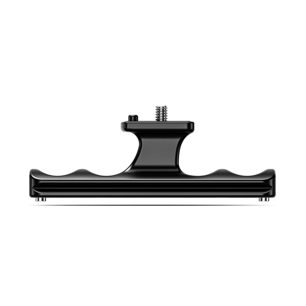 Black Arca-Swiss lens foot shown from the side, displaying the mounting plate with adjustment screw and wavy support base design against white background.