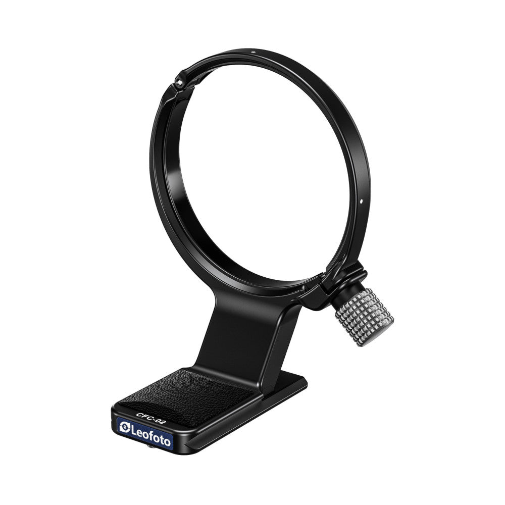 Black lens collar with adjustable clamp and textured base plate, shown from front-angled view against white background
