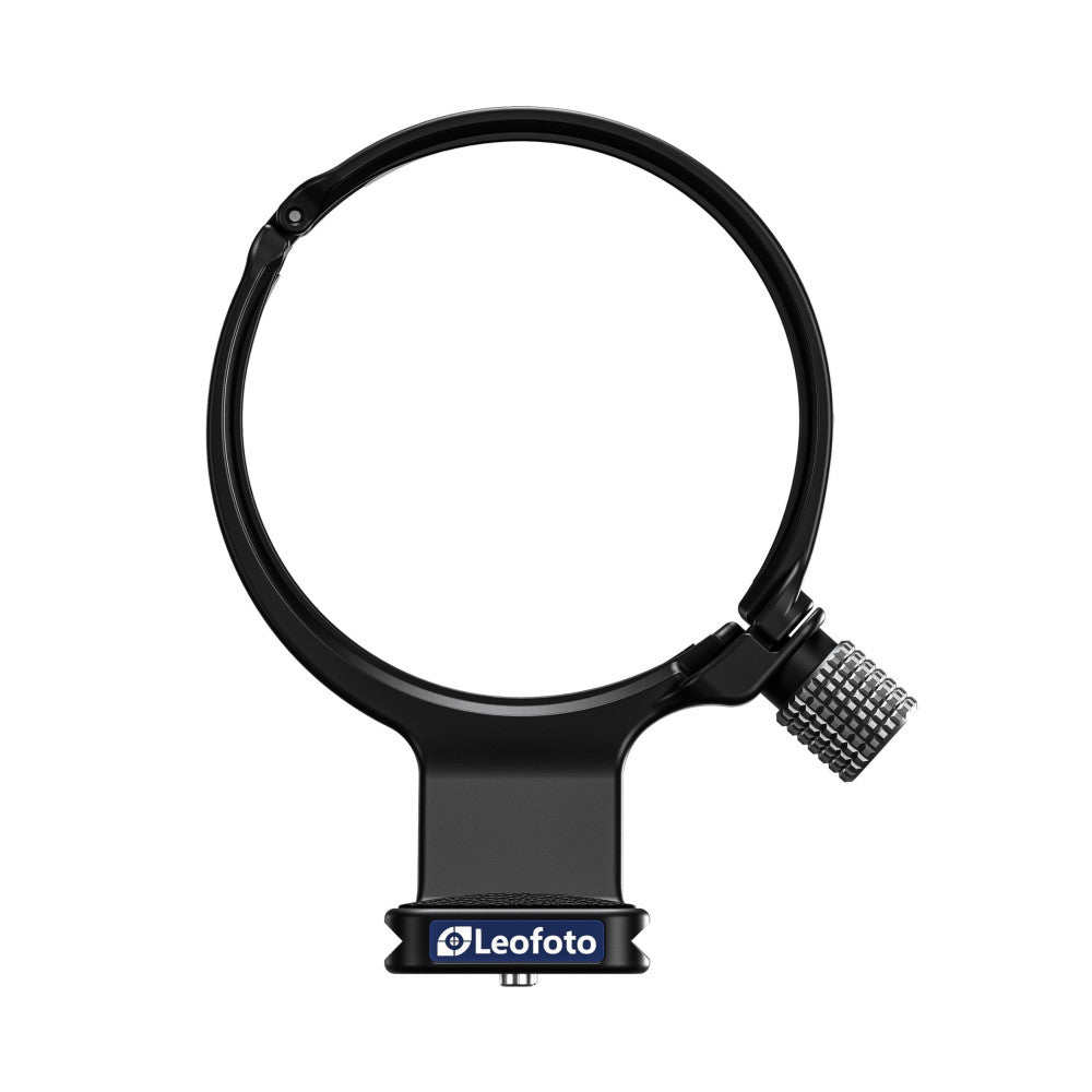 Black lens collar with adjustment knob shown against white background, front view displaying Leofoto branding and mounting interface.