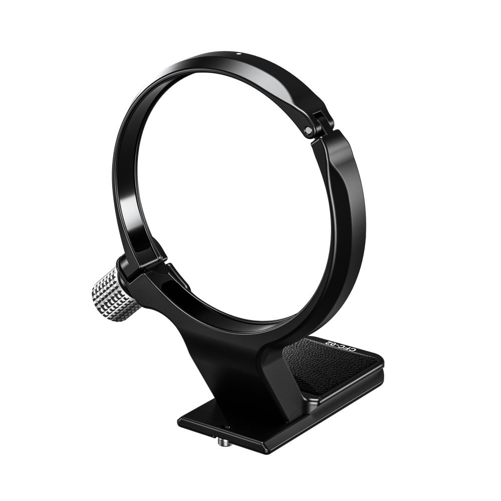 Black lens collar support ring with adjustable knob and textured foot plate, shown in three-quarter view against white background.
