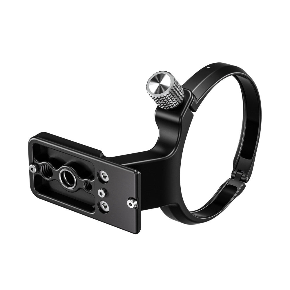 Black lens collar with adjustment knob and mounting plate, shown from a three-quarter angle against white background.