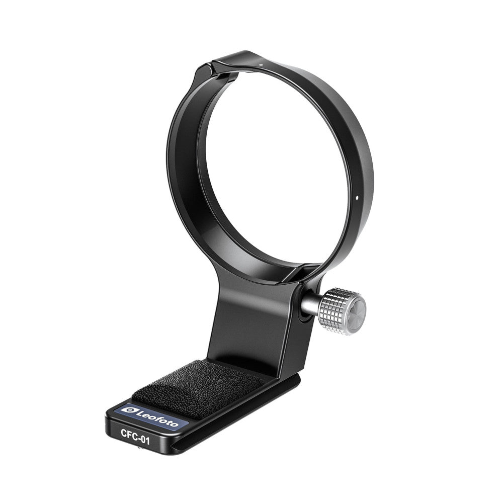 Black lens collar mount with adjustment knob shown at an angle against white background, displaying the grip pad and mounting bracket.