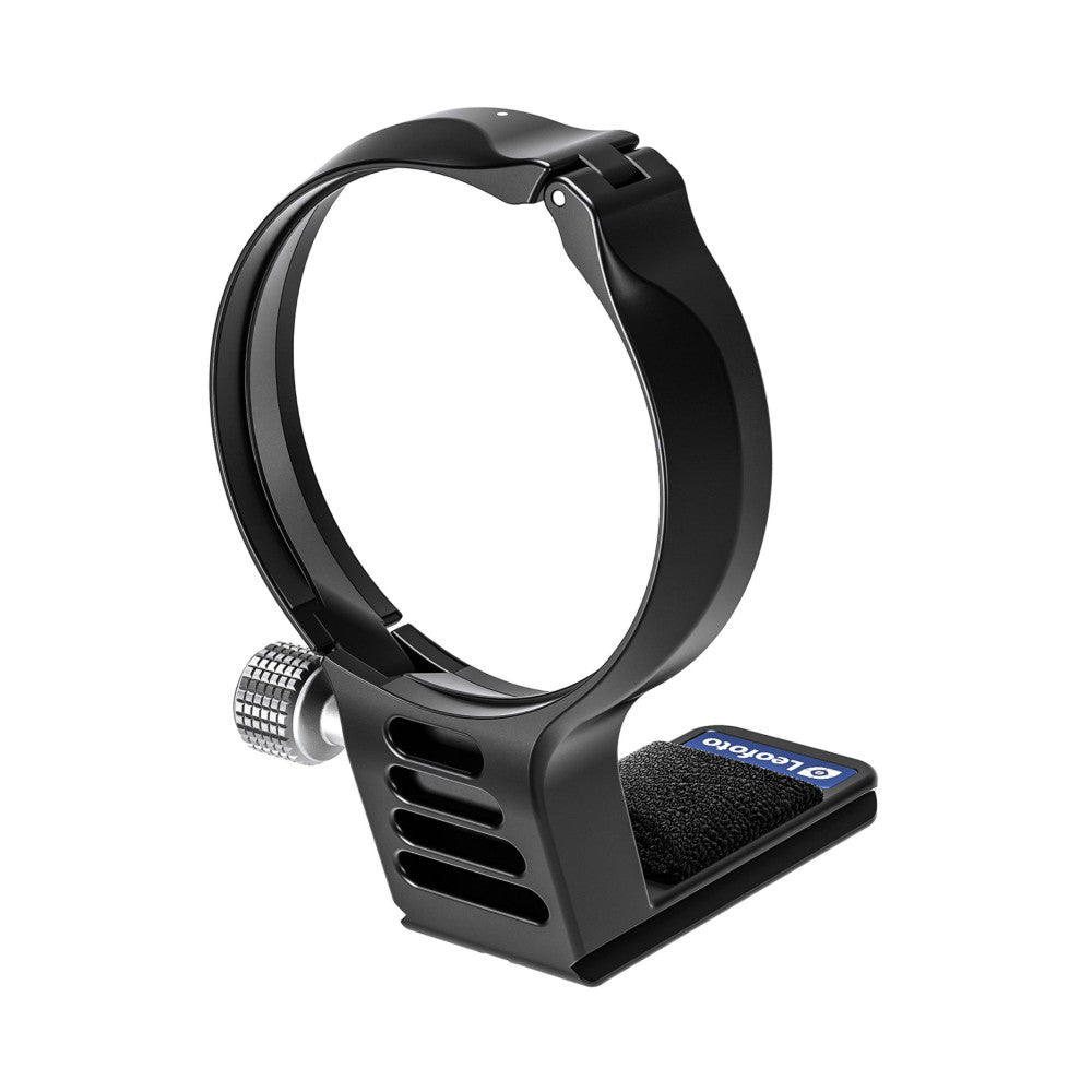 Black lens collar with adjustable grip ring and mounting plate, shown at three-quarter angle against white background.