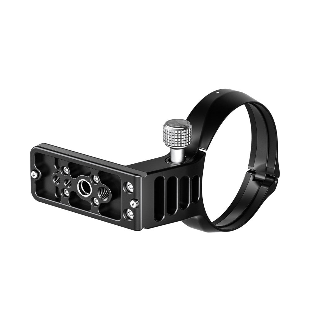 Black lens collar with mounting plate and adjustment knob, shown at an angle against white background.