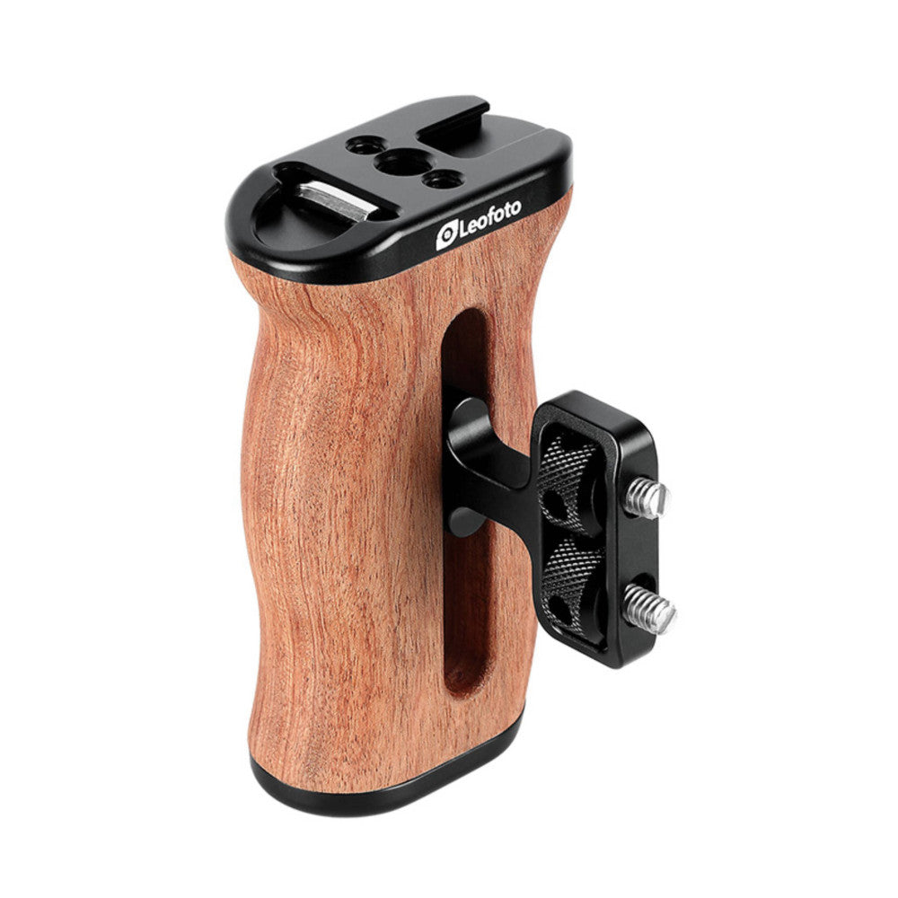 Leofoto CH-3 rosewood side handle shown at three-quarter angle, displaying wooden grip with black metal top plate and side-mounted bracket attachment.