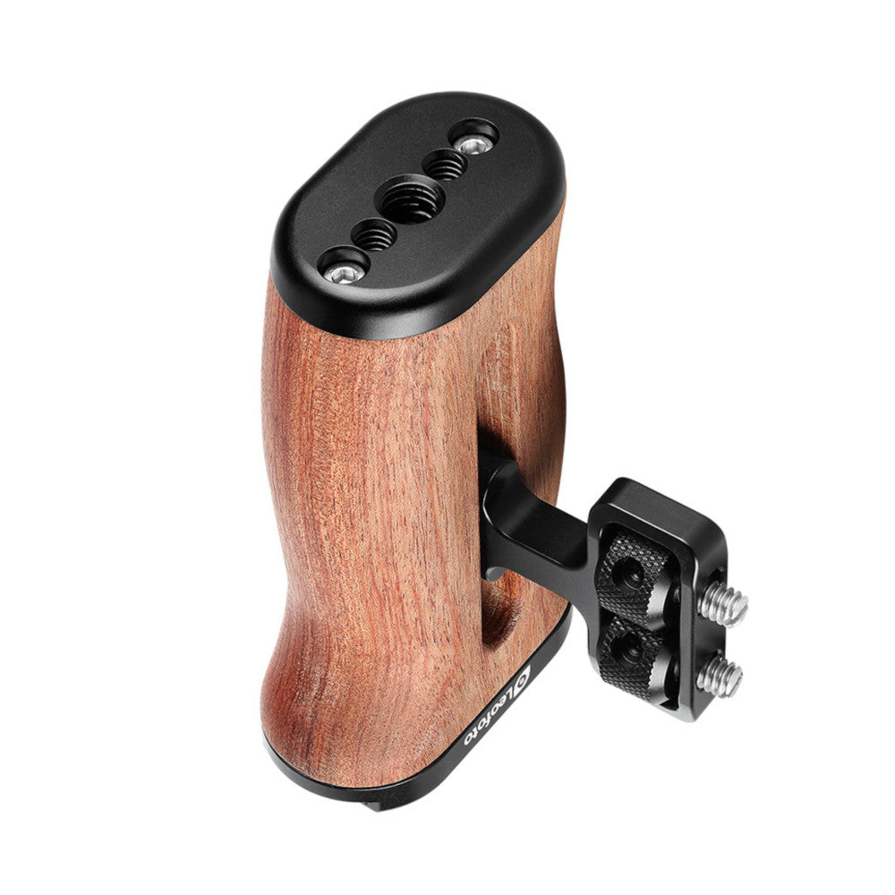 Leofoto CH-3 Rosewood Side Handle shown at an angle, displaying the wooden grip with black metal top plate featuring adjustment screws and a mounting bracket with dual threaded connectors below.