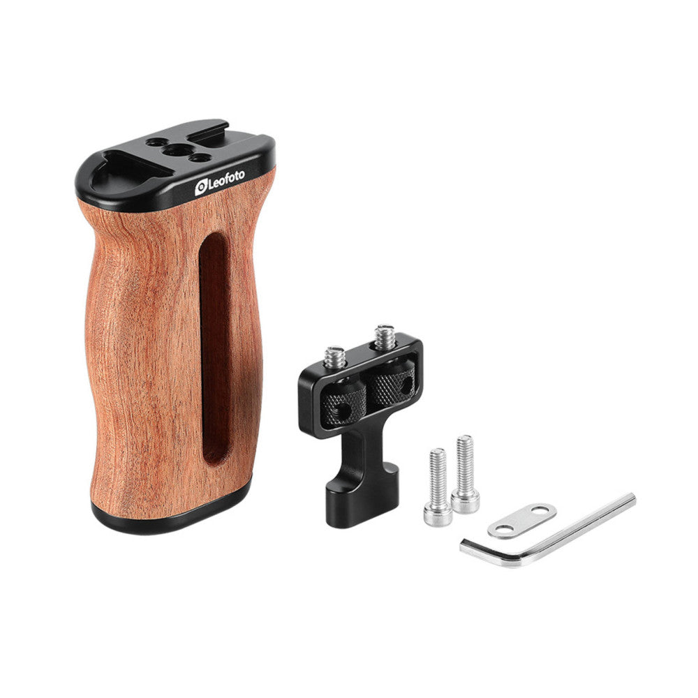 Leofoto CH-3 Rosewood Side Handle with mounting bracket and hardware components displayed against white background.