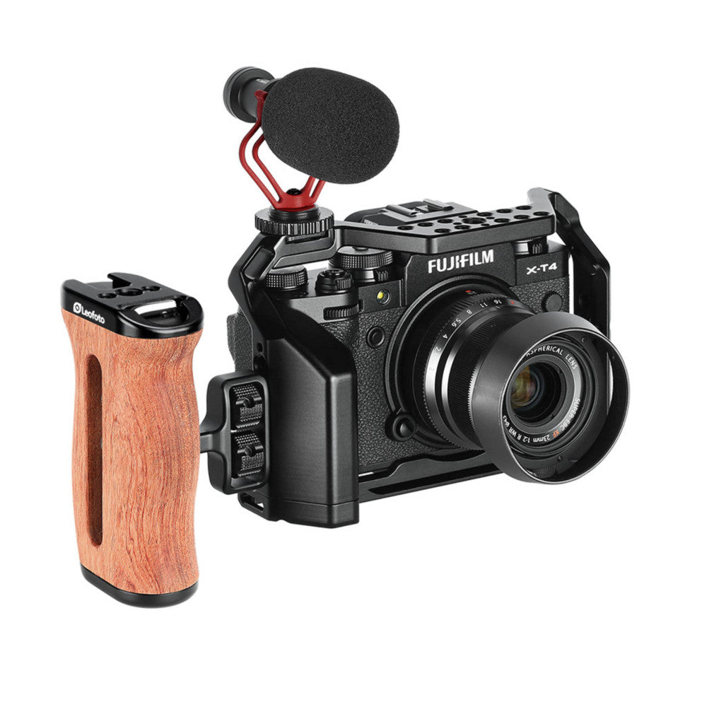 Leofoto CH-3 rosewood side handle shown mounted on a Fujifilm X-T4 camera with microphone setup, displaying the wooden grip's ergonomic design.