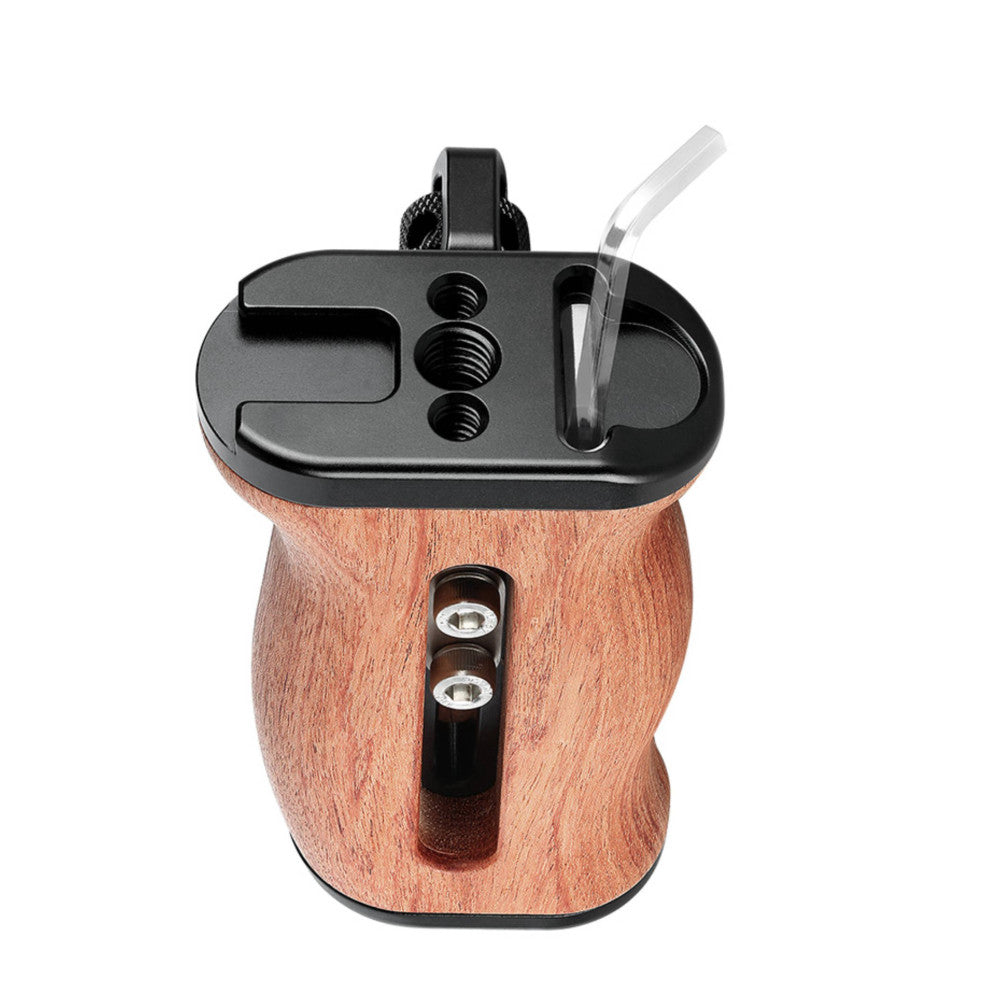 Leofoto CH-3 rosewood side handle shown from front angle, displaying black metal top plate with adjustment knobs and clear plastic lever against natural wood grain body.