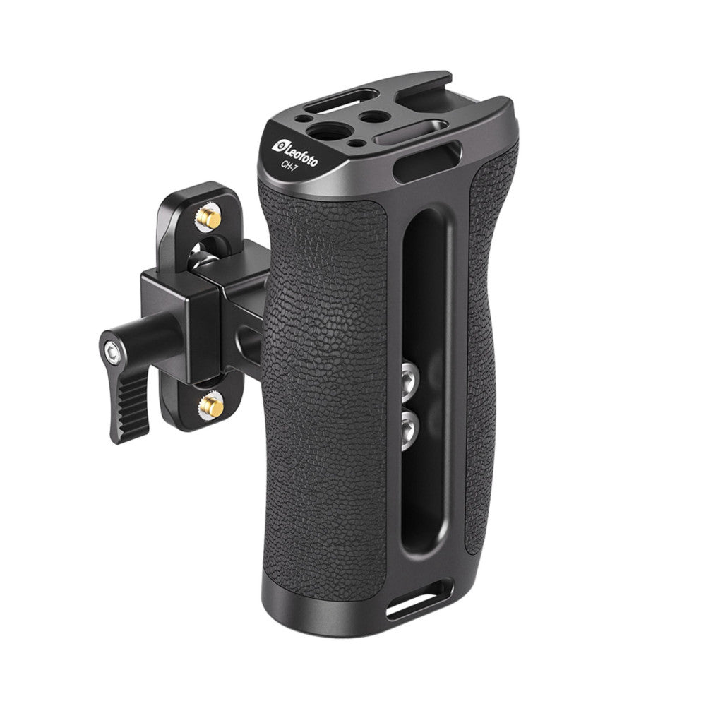 Black camera cage side handle with textured grip and rail mount system, shown at angled three-quarter view against white background.