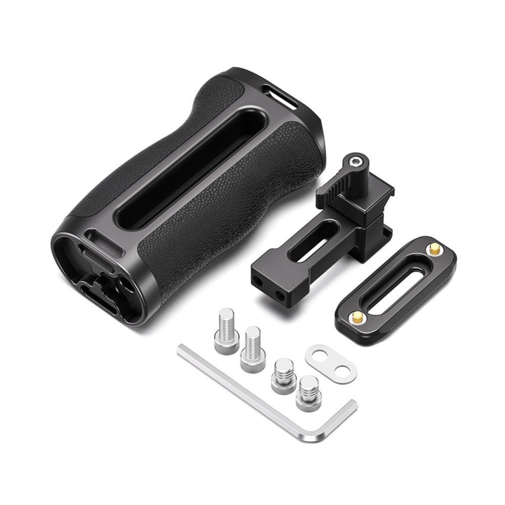 Leofoto CH-7-1 side handle with rail mount shown disassembled, displaying main grip, mounting brackets, hardware, and allen wrench against white background.