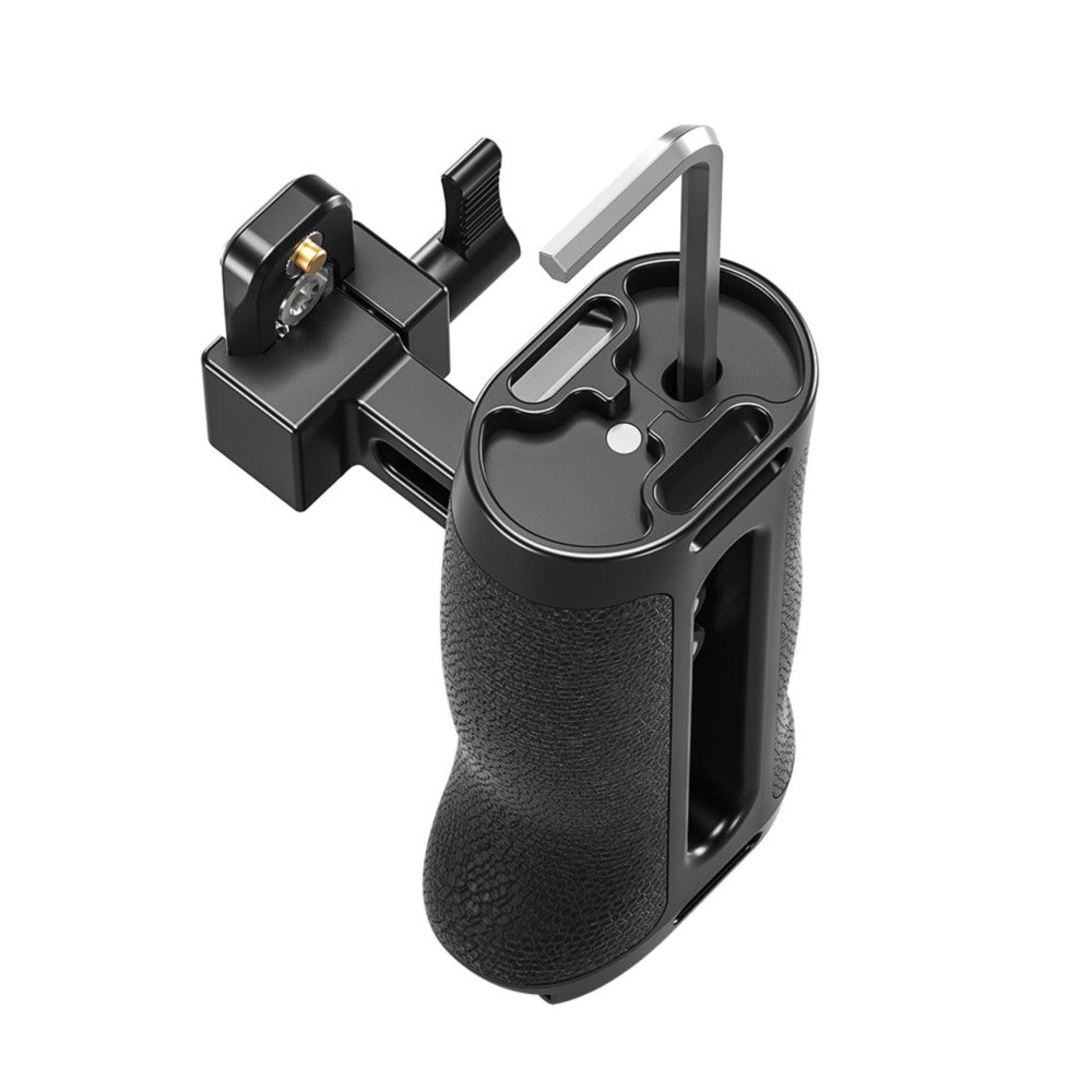 Black side handle with textured grip and rail mount shown at three-quarter angle, displaying the handle grip, mounting bracket, and adjustment mechanisms.
